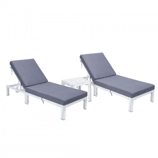 LeisureMod Chelsea Grey Chaise Lounge Chair Set of 2 With Table, Cushions, Blue