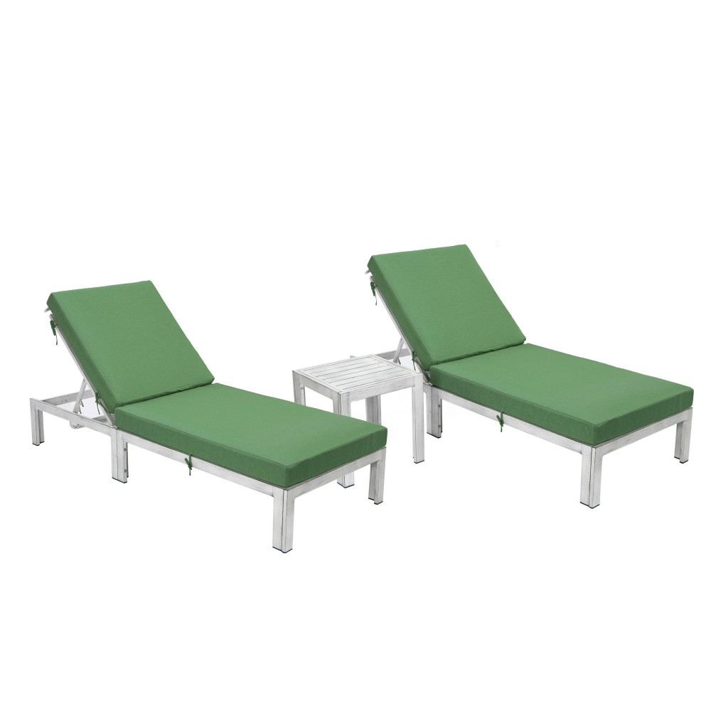 LeisureMod Chelsea Grey Chaise Lounge Chair Set of 2 With Table, Cushions, Green