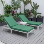 LeisureMod Chelsea Grey Chaise Lounge Chair Set of 2 With Table, Cushions, Green