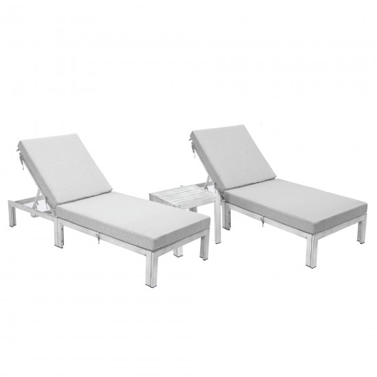 LeisureMod Chelsea Grey Chaise Lounge Chair Set of 2, Table, Cushions Light Grey