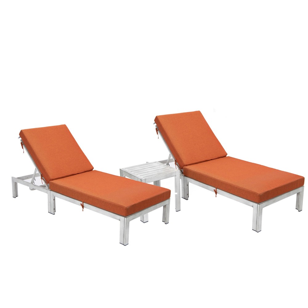 LeisureMod Chelsea Grey Chaise Lounge Chair Set of 2, Table, Cushions, Orange