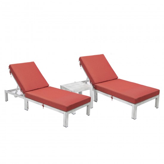 LeisureMod Chelsea Grey Chaise Lounge Chair Set of 2, Side Table, Cushions, Red