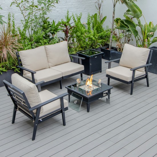 LeisureMod Walbrooke Black Patio Conversation, Fire Pit With Slats Design, Beige