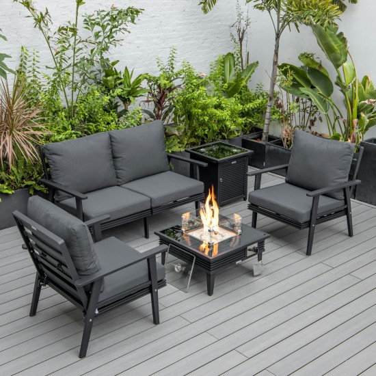 LeisureMod Walbrooke Black Patio Conversation, Slats Design Fire Pit, Charcoal