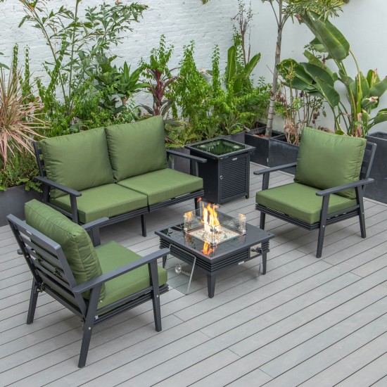 LeisureMod Walbrooke Black Patio Conversation, Fire Pit With Slats Design, Green