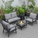 LeisureMod Walbrooke Black Patio Conversation, Fire Pit With Slats Design, Grey