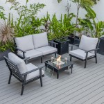 LeisureMod Walbrooke Black Patio Conversation, Slats Design Fire Pit, Light Grey