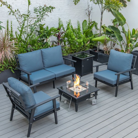 LeisureMod Walbrooke Black Patio Conversation, Slats Design Fire Pit, Navy Blue