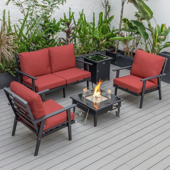 LeisureMod Walbrooke Black Patio Conversation, Fire Pit With Slats Design, Red