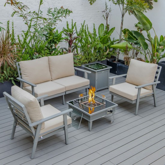 LeisureMod Walbrooke Grey Patio Conversation, Fire Pit With Slats Design, Beige