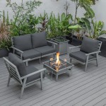 LeisureMod Walbrooke Grey Patio Conversation, Slats Design Fire Pit, Charcoal