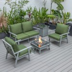 LeisureMod Walbrooke Grey Patio Conversation, Fire Pit With Slats Design, Green