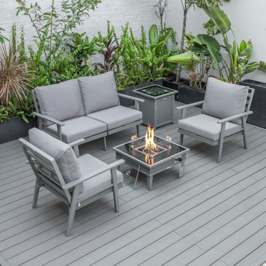 LeisureMod Walbrooke Grey Patio Conversation, Fire Pit With Slats Design, Grey