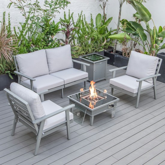 LeisureMod Walbrooke Grey Patio Conversation, Slats Design Fire Pit, Light Grey