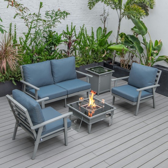 LeisureMod Walbrooke Grey Patio Conversation, Slats Design Fire Pit, Navy Blue