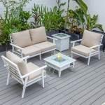 LeisureMod Walbrooke White Patio Conversation, Fire Pit With Slats Design, Beige