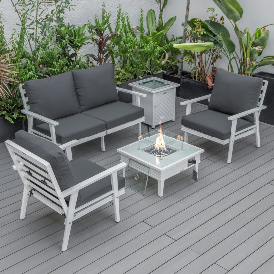 LeisureMod Walbrooke White Patio Conversation, Slats Design Fire Pit, Charcoal