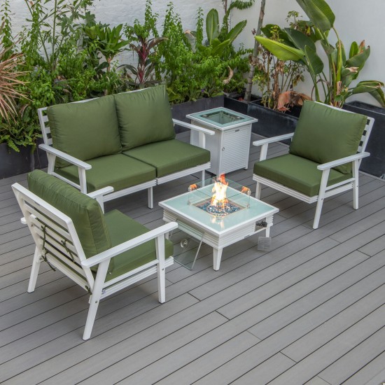 LeisureMod Walbrooke White Patio Conversation, Fire Pit With Slats Design, Green