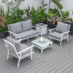 LeisureMod Walbrooke White Patio Conversation, Fire Pit With Slats Design, Grey