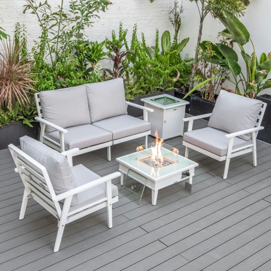 LeisureMod Walbrooke White Patio Conversation, Slats Design Fire Pit, Light Grey