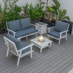 LeisureMod Walbrooke White Patio Conversation, Slats Design Fire Pit, Navy Blue