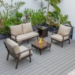 LeisureMod Walbrooke Brown Patio Conversation, Fire Pit With Slats Design, Beige