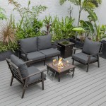 LeisureMod Walbrooke Brown Patio Conversation, Slats Design Fire Pit, Charcoal