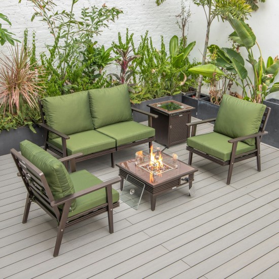 LeisureMod Walbrooke Brown Patio Conversation, Fire Pit With Slats Design, Green