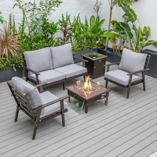 LeisureMod Walbrooke Brown Patio Conversation, Fire Pit With Slats Design, Grey