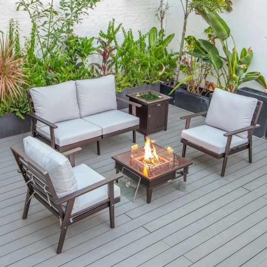 LeisureMod Walbrooke Brown Patio Conversation, Slats Design Fire Pit, Light Grey