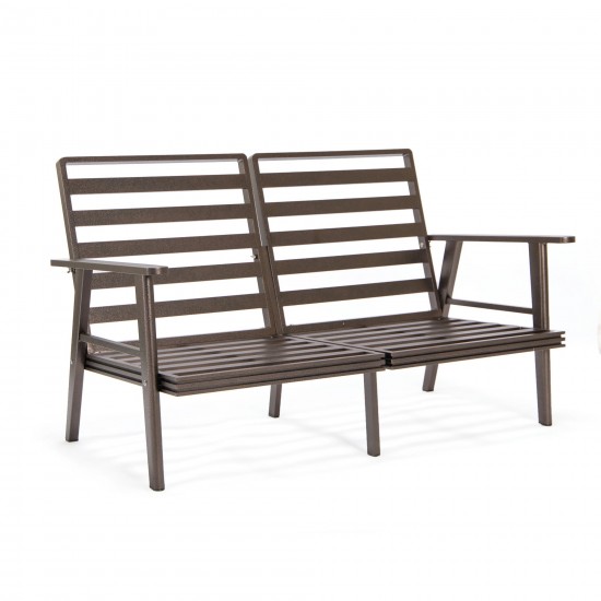 LeisureMod Walbrooke Brown Patio Conversation, Slats Design Fire Pit, Light Grey