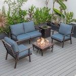 LeisureMod Walbrooke Brown Patio Conversation, Slats Design Fire Pit, Navy Blue