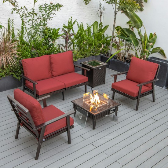LeisureMod Walbrooke Brown Patio Conversation, Fire Pit With Slats Design, Red