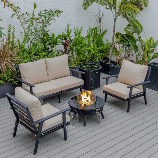 LeisureMod Walbrooke Black Patio Conversation Fire Pit With Slats Design, Beige