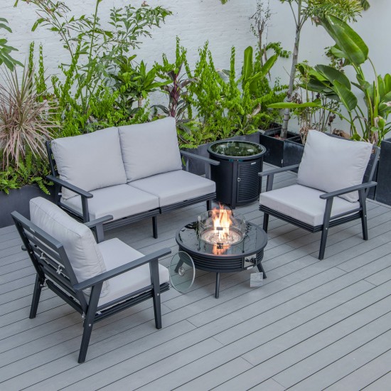 LeisureMod Walbrooke Black Patio Conversation Slats Design Fire Pit, Light Grey