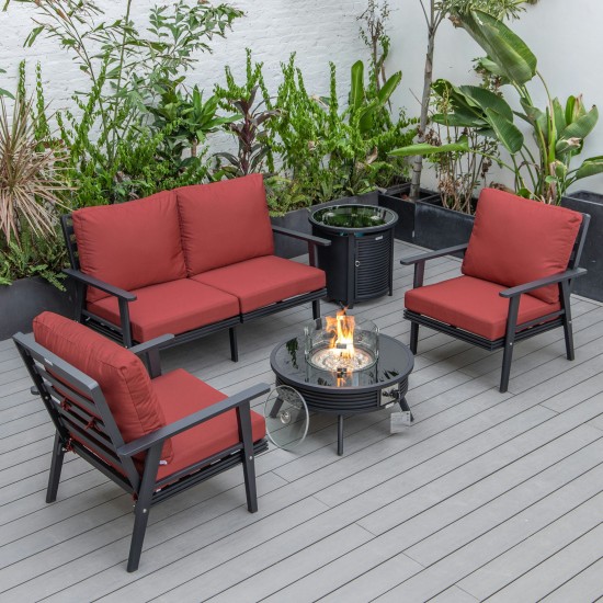 LeisureMod Walbrooke Black Patio Conversation Fire Pit With Slats Design, Red