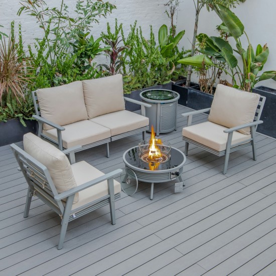 LeisureMod Walbrooke Grey Patio Conversation Fire Pit With Slats Design, Beige