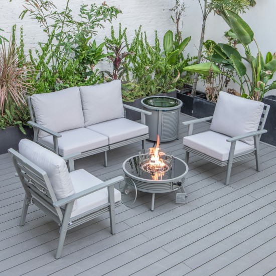 LeisureMod Walbrooke Grey Patio Conversation Slats Design Fire Pit, Light Grey