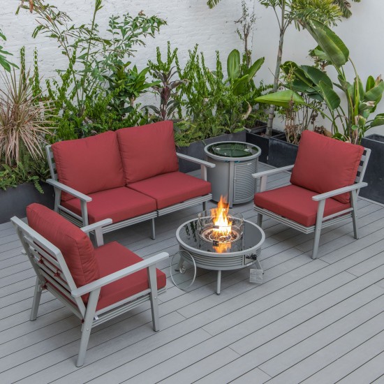 LeisureMod Walbrooke Grey Patio Conversation Fire Pit With Slats Design, Red