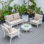 LeisureMod Walbrooke White Patio Conversation Fire Pit With Slats Design, Beige