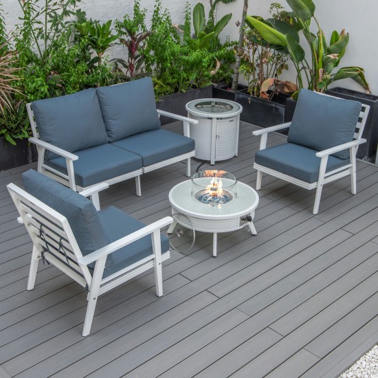 LeisureMod Walbrooke White Patio Conversation Fire Pit With Slats Design, Blue