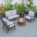 LeisureMod Walbrooke Brown Patio Conversation Slats Design Fire Pit, Light Grey