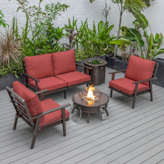 LeisureMod Walbrooke Brown Patio Conversation Fire Pit With Slats Design, Red