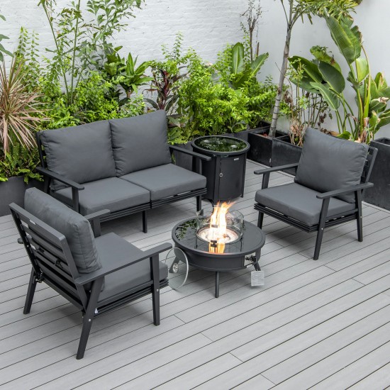 LeisureMod Walbrooke Black Patio Conversation With Round Fire Pit, Charcoal