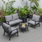 LeisureMod Walbrooke Black Patio Conversation With Round Fire Pit, Grey