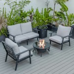 LeisureMod Walbrooke Black Patio Conversation With Round Fire Pit, Light Grey