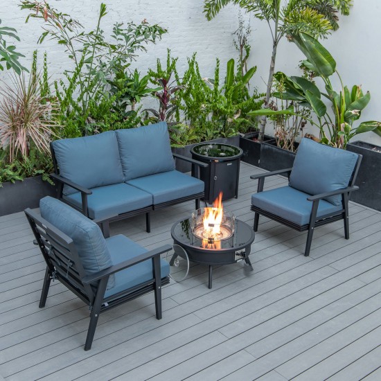 LeisureMod Walbrooke Black Patio Conversation With Round Fire Pit, Navy Blue