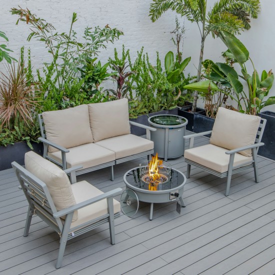 LeisureMod Walbrooke Grey Patio Conversation With Round Fire Pit, Beige