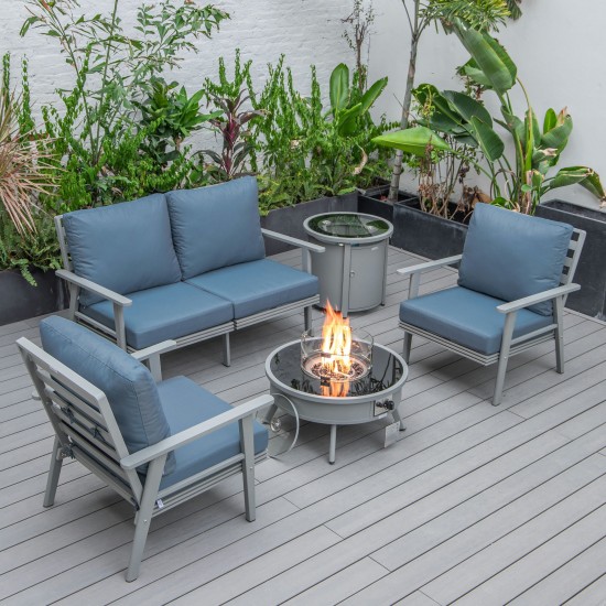 LeisureMod Walbrooke Grey Patio Conversation With Round Fire Pit, Navy Blue