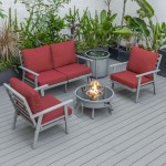 LeisureMod Walbrooke Grey Patio Conversation With Round Fire Pit, Red